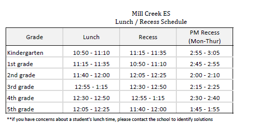 MCE Lunch/recess schedule